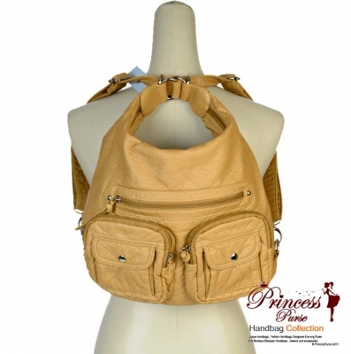 Designer Inspired Multi Ware Hobo Backpack and Handbag w/ Front Pockets - Beige